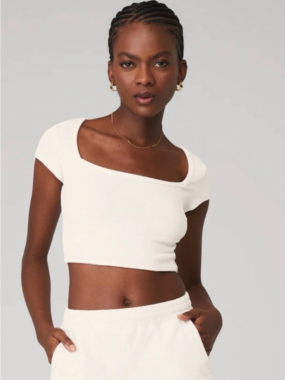 Alo Terry Shorts and Cropped Top Set in cream color - Picture 5 of 6